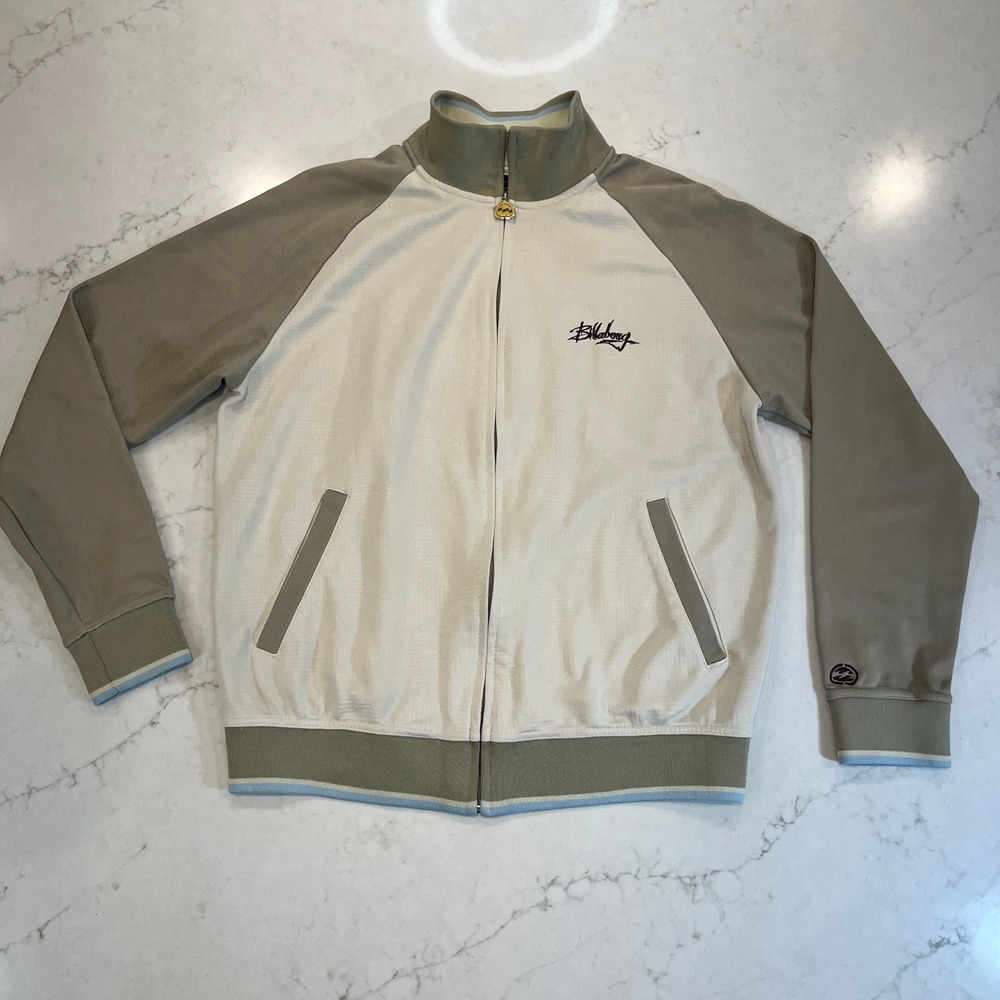 Billabong Mens Large Retro Track Jacket‎ Large Tan Cream Full Zip Embroidered